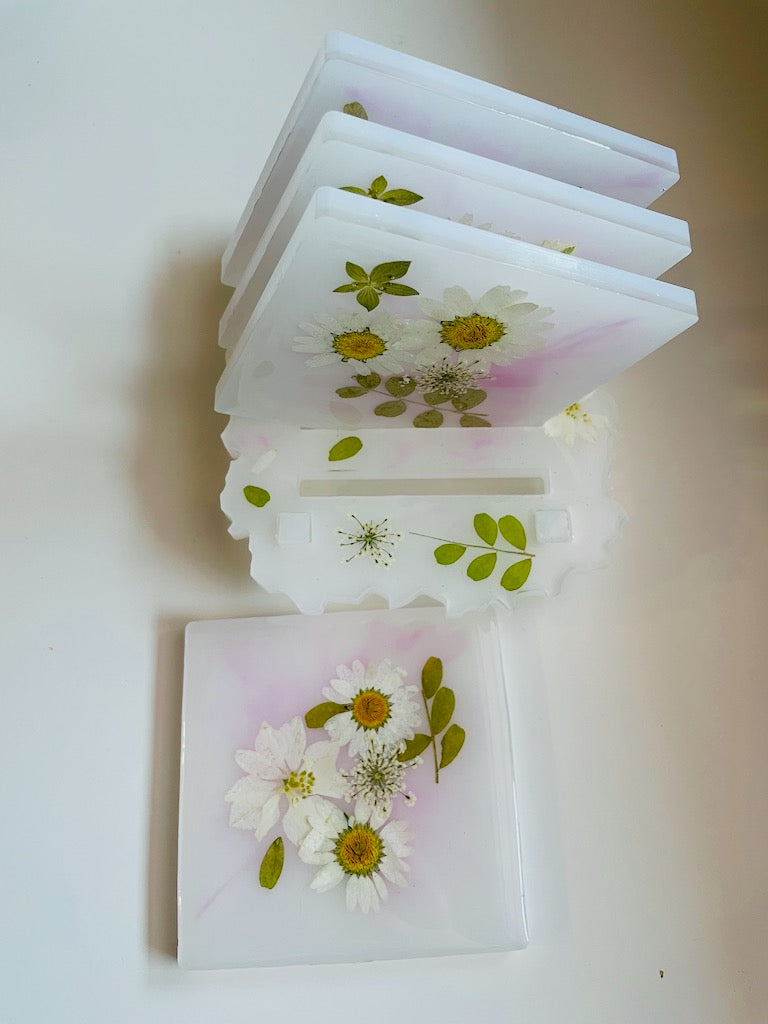 Pink White Floral Coaster Set with Tray