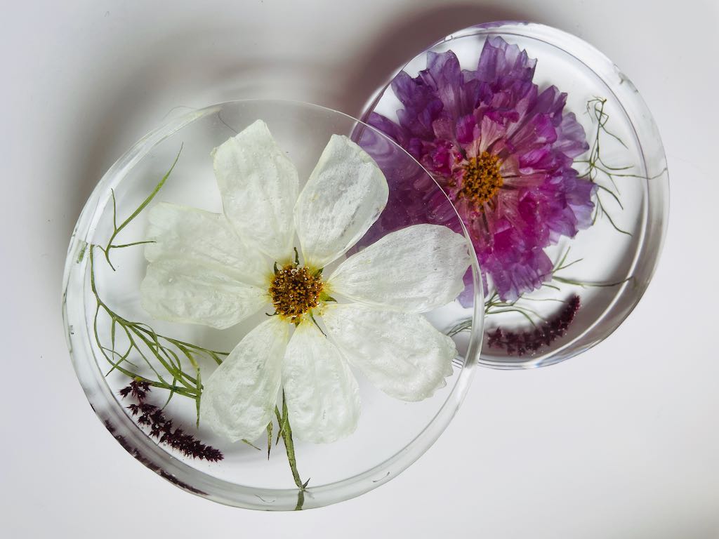 purple and white cosmo wedding flowers preserved in resin coasters