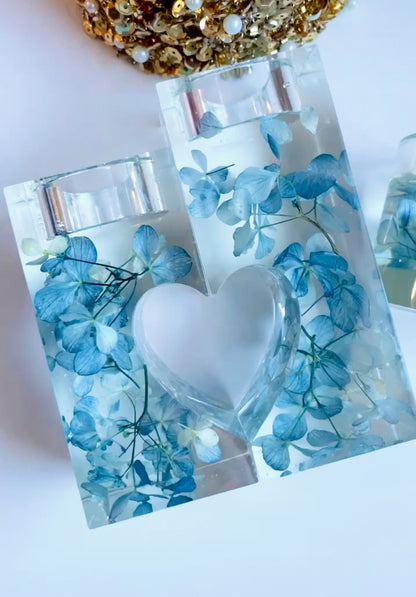 Blue Hydrangea Heart Candle Pillar Set
