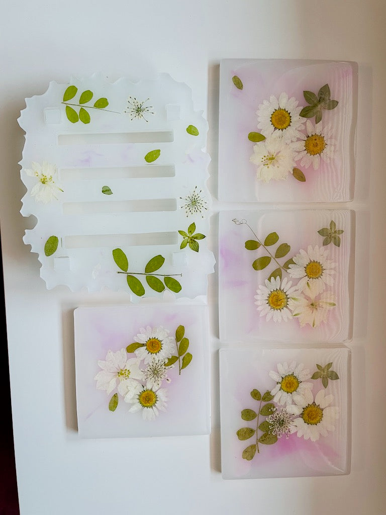 Pink White Floral Coaster Set with Tray