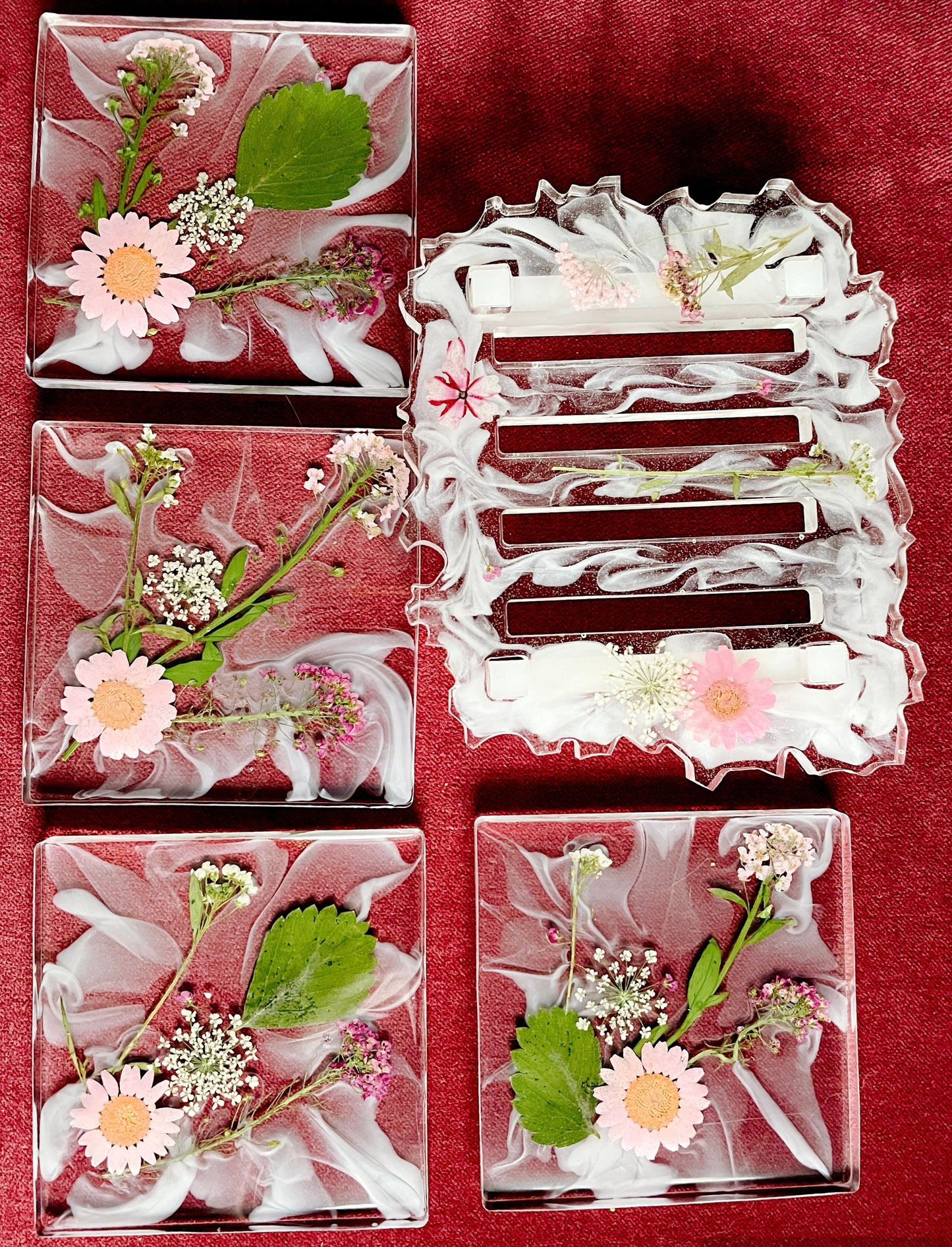 Pink & White Coaster Set with Tray